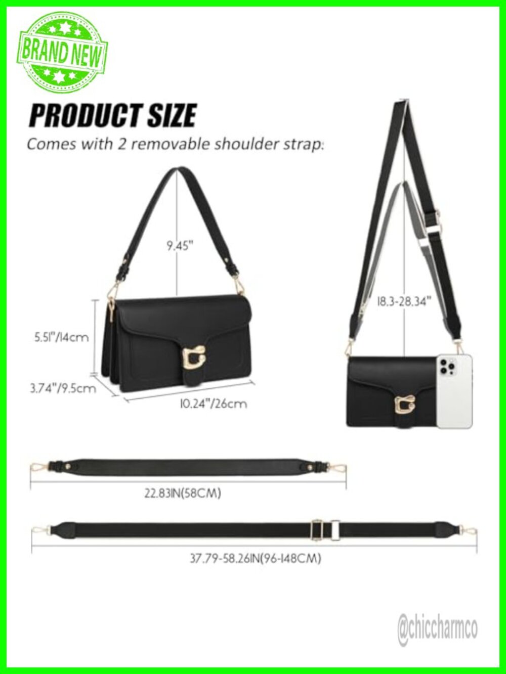 Vegan Leather Crossbody Bag with 2 Detachable Straps Small Shoulder Purse - Picture 3 of 6